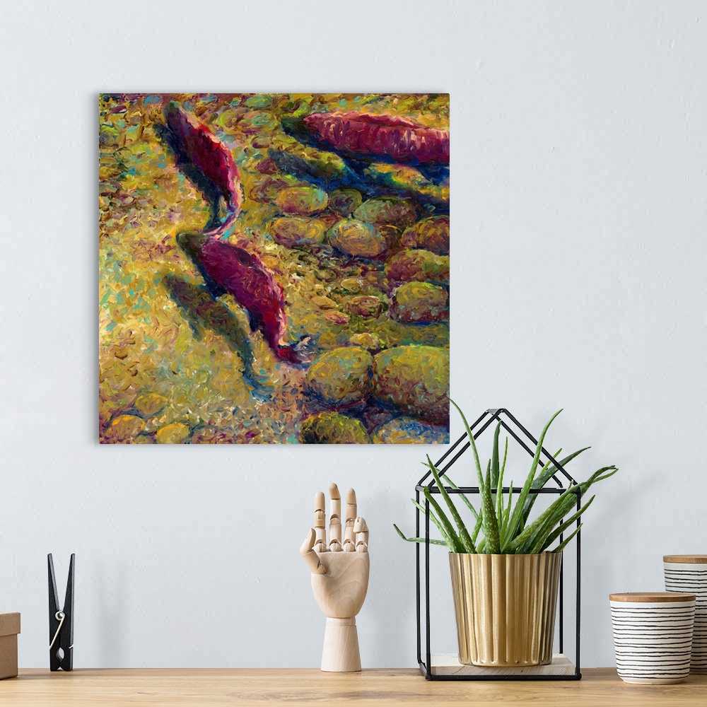 A bohemian room featuring Brightly colored contemporary artwork of a fish swimming upstream.