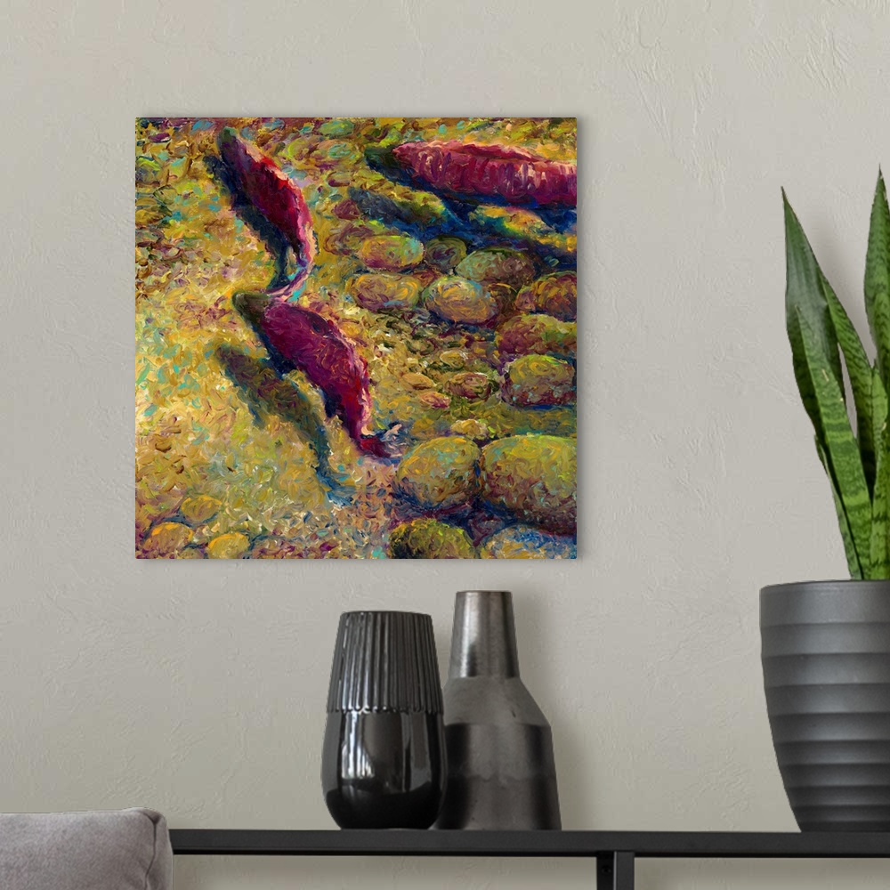 A modern room featuring Brightly colored contemporary artwork of a fish swimming upstream.