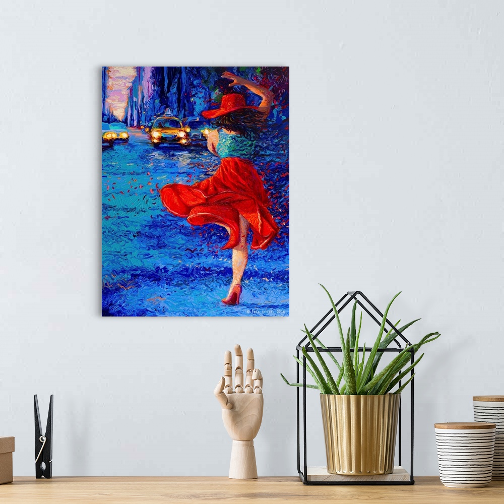 A bohemian room featuring Brightly colored contemporary artwork of a woman in red hailing a cab.