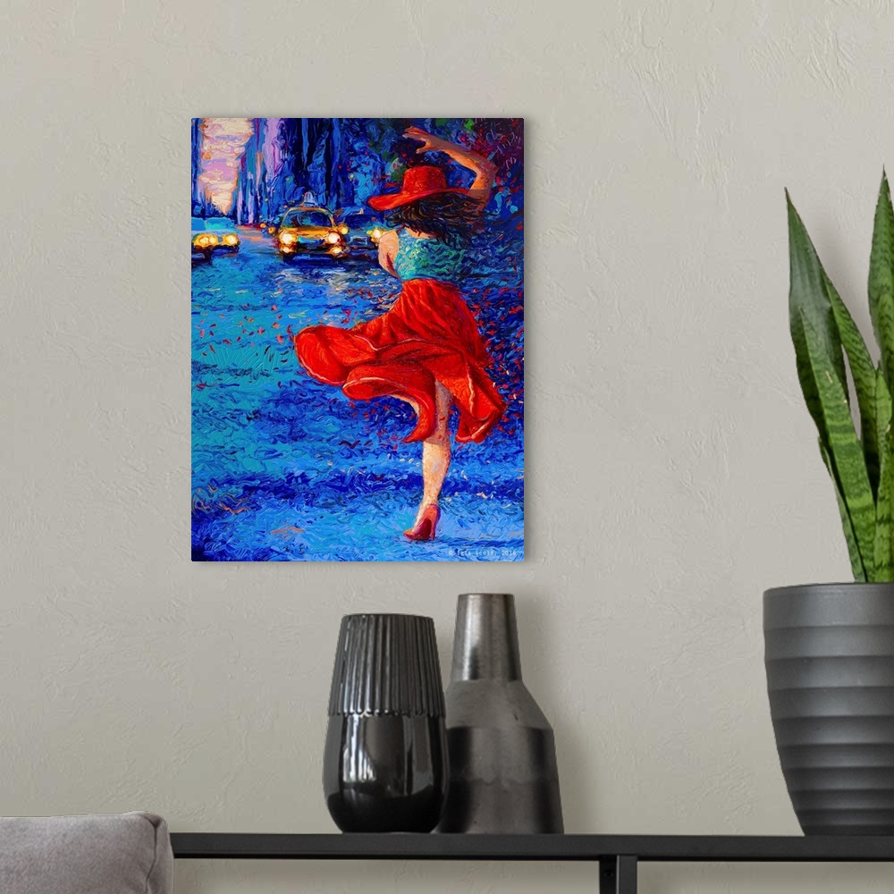 A modern room featuring Brightly colored contemporary artwork of a woman in red hailing a cab.