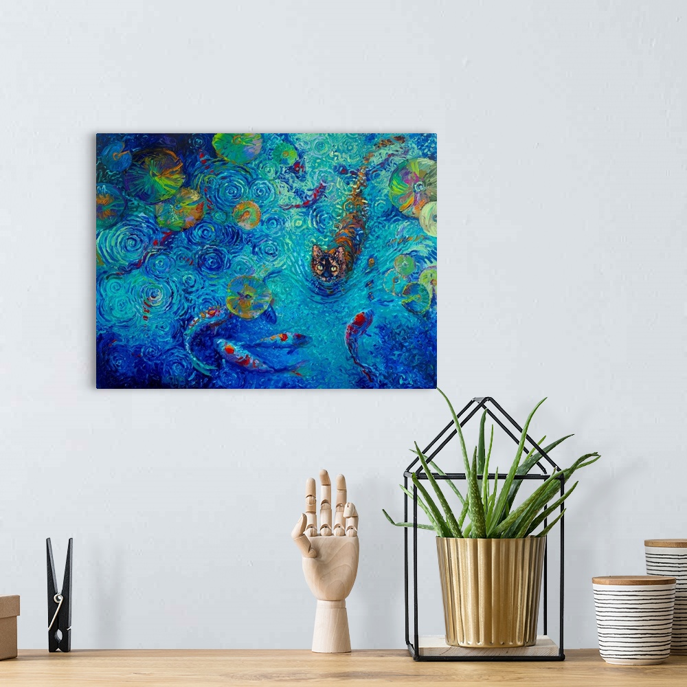 A bohemian room featuring Brightly colored contemporary artwork of a kitty in a koi fish pond.