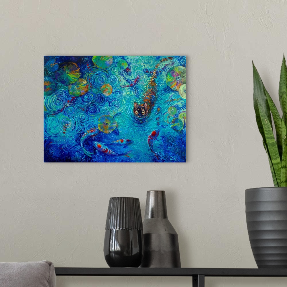 A modern room featuring Brightly colored contemporary artwork of a kitty in a koi fish pond.