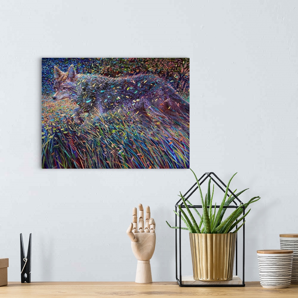 A bohemian room featuring Brightly colored contemporary artwork of a coyote in a field.