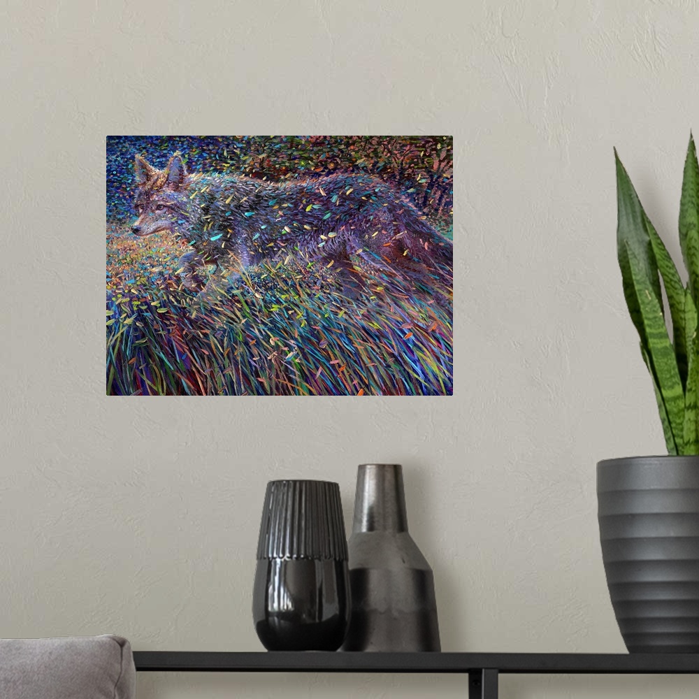 A modern room featuring Brightly colored contemporary artwork of a coyote in a field.