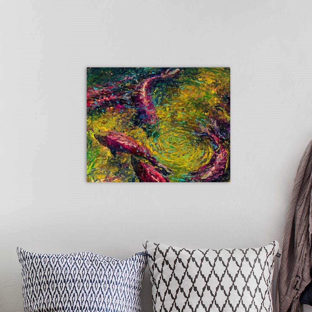 A bohemian room featuring Brightly colored contemporary artwork of sockeyes swimming.