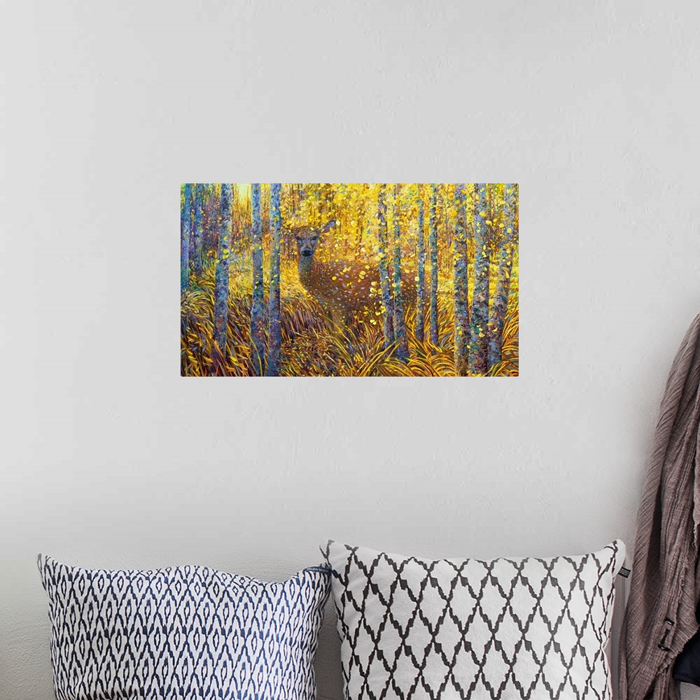 A bohemian room featuring Brightly colored contemporary artwork of a deer in the woods.