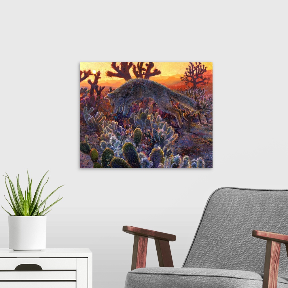 A modern room featuring Brightly colored contemporary artwork of a fox pouncing in the desert.