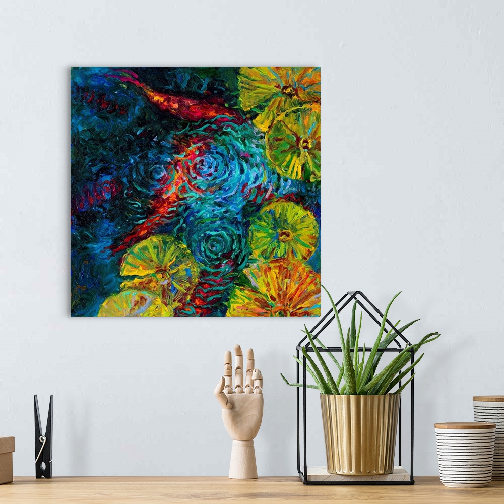 A bohemian room featuring Brightly colored contemporary artwork of a fish in water.