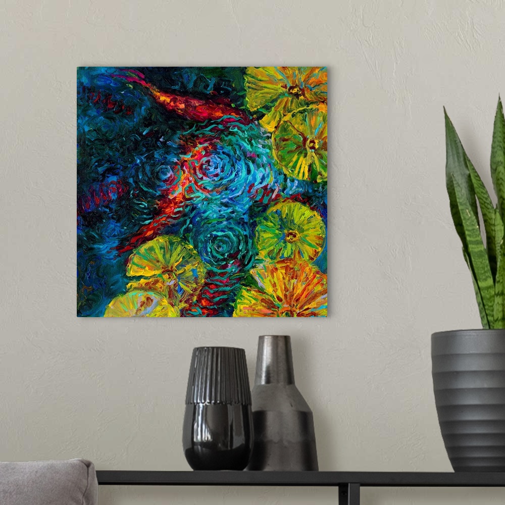 A modern room featuring Brightly colored contemporary artwork of a fish in water.