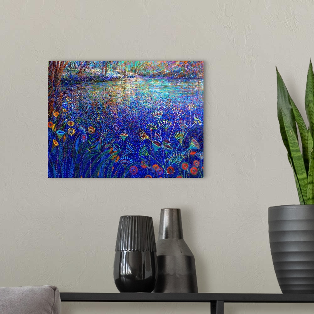 A modern room featuring Brightly colored contemporary artwork of flowers alongside a river bank.