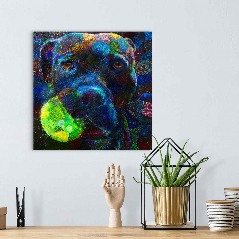 A bohemian room featuring Brightly colored contemporary artwork of a dog with a ball.