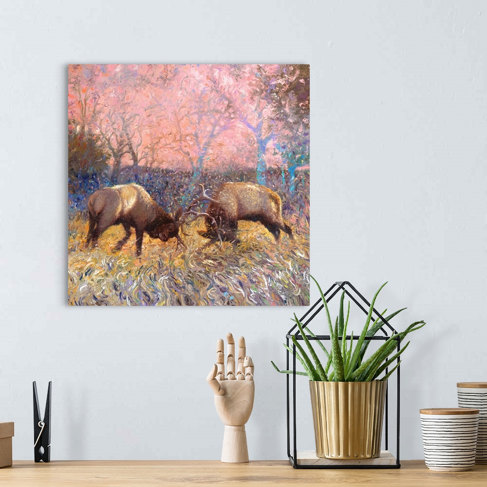 A bohemian room featuring Brightly colored contemporary artwork of two elk bulls fighting.
