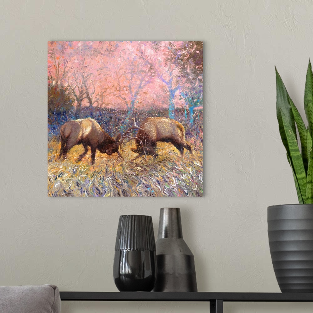 A modern room featuring Brightly colored contemporary artwork of two elk bulls fighting.
