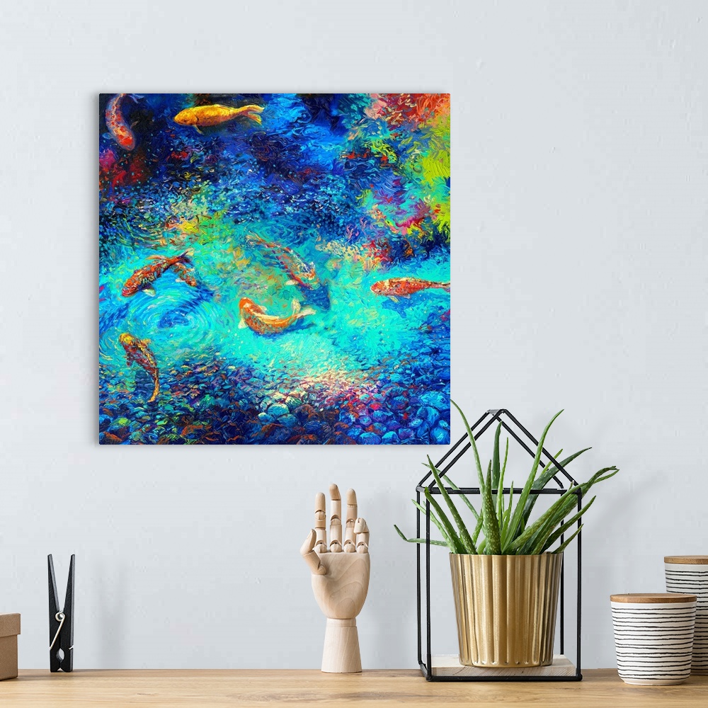 A bohemian room featuring Brightly colored contemporary artwork of a colorful painting of koi fish in water.