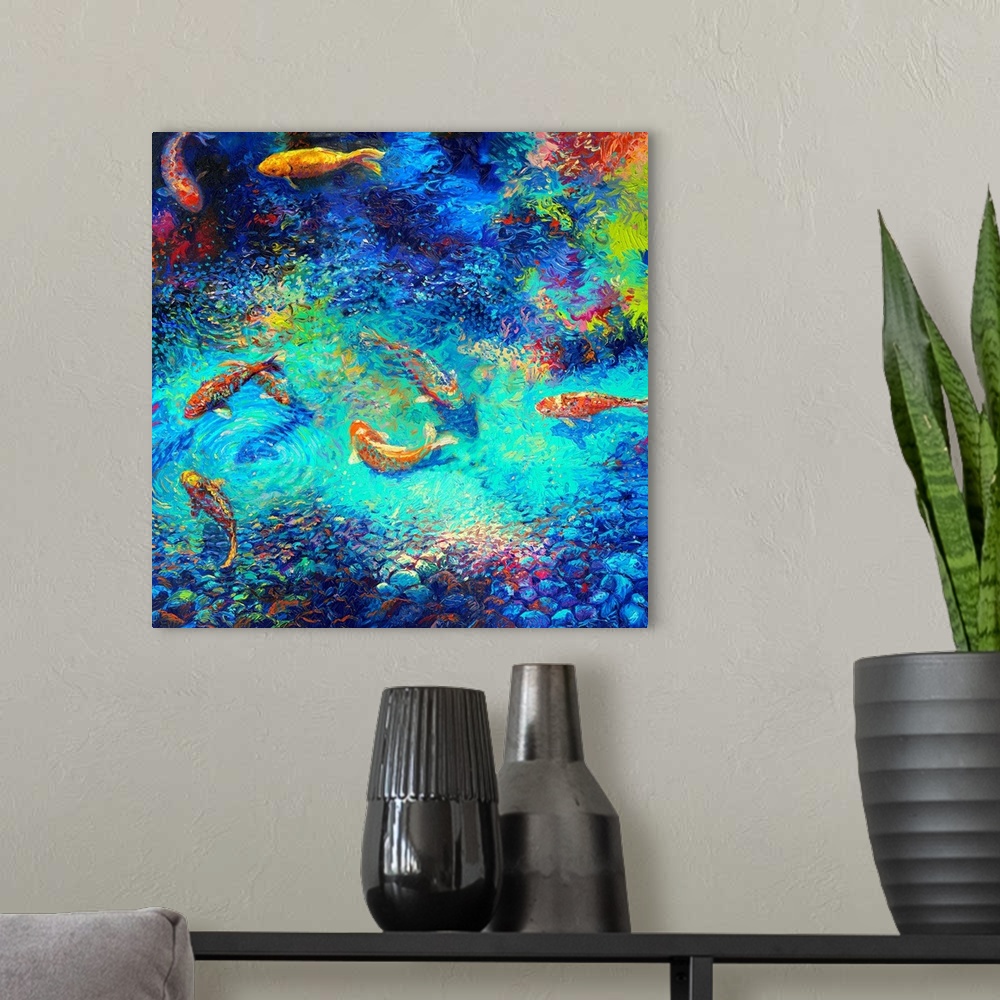 A modern room featuring Brightly colored contemporary artwork of a colorful painting of koi fish in water.
