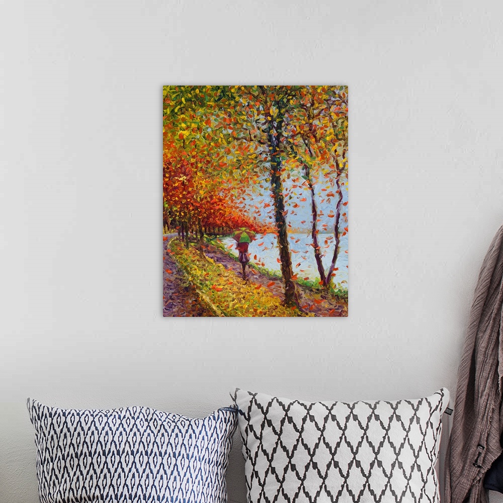A bohemian room featuring Brightly colored contemporary artwork of a woman walking alongside a lake.