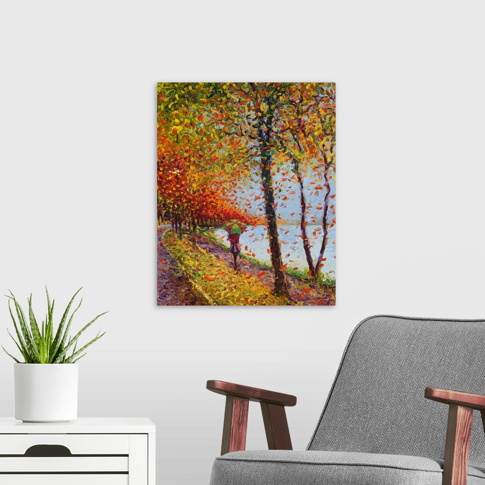 A modern room featuring Brightly colored contemporary artwork of a woman walking alongside a lake.