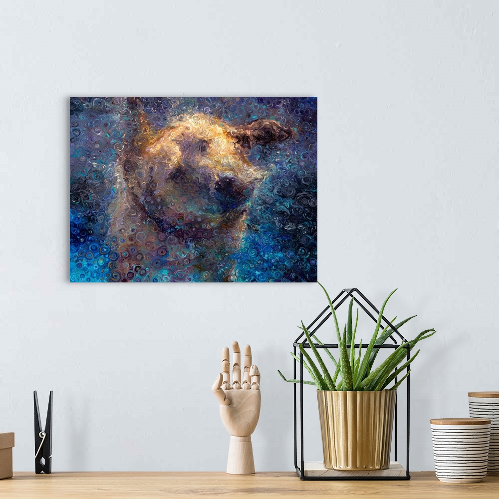 A bohemian room featuring Brightly colored contemporary artwork of an abstract dog with bubbles.