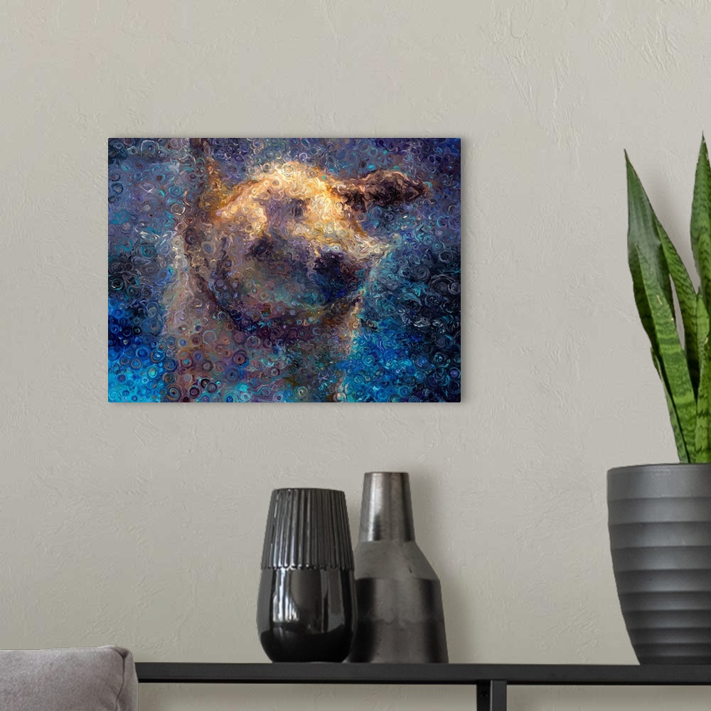 A modern room featuring Brightly colored contemporary artwork of an abstract dog with bubbles.