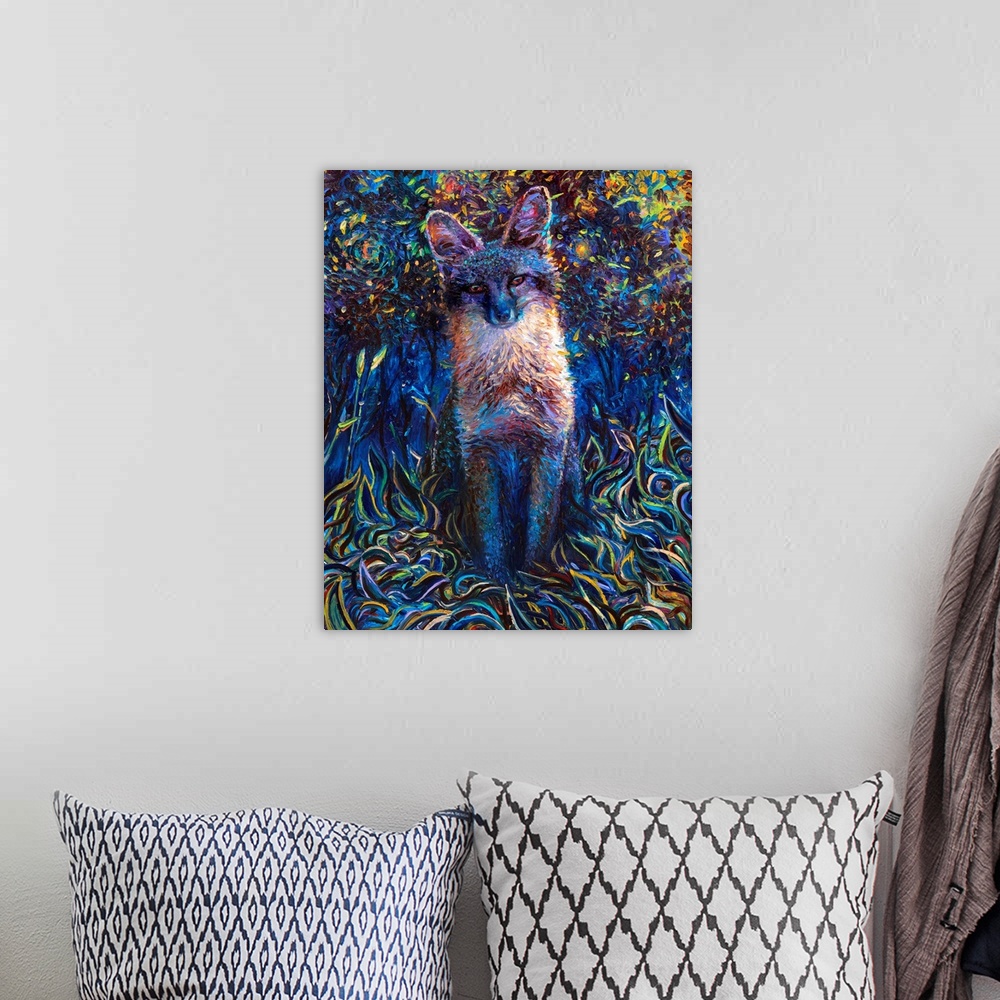 A bohemian room featuring Brightly colored contemporary artwork of a cool toned fox.