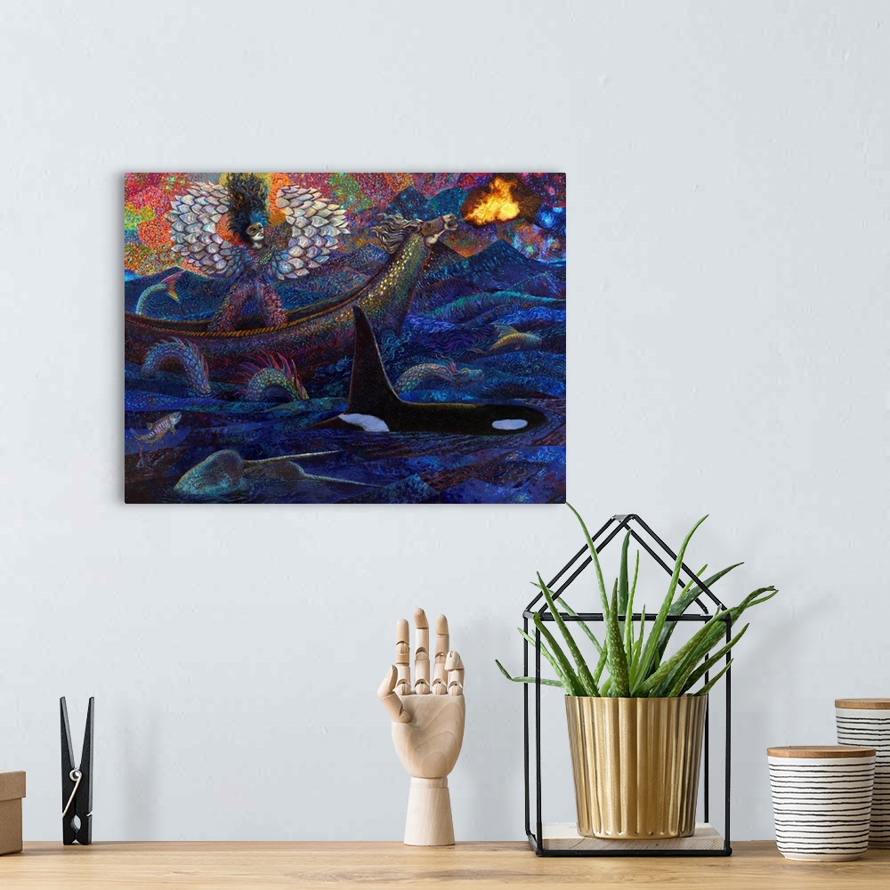 A bohemian room featuring Brightly colored contemporary artwork of a pisces alongside marine animals.