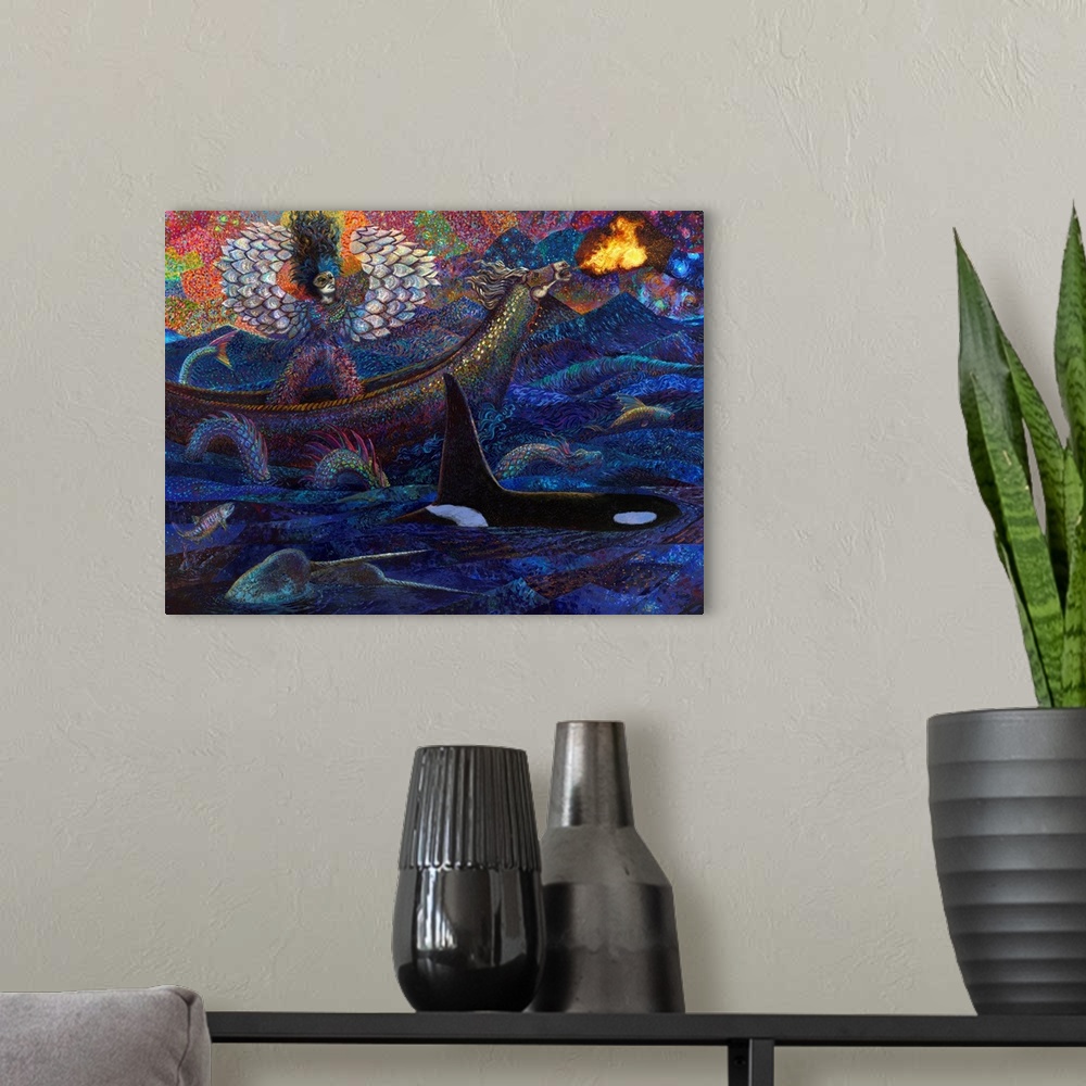 A modern room featuring Brightly colored contemporary artwork of a pisces alongside marine animals.