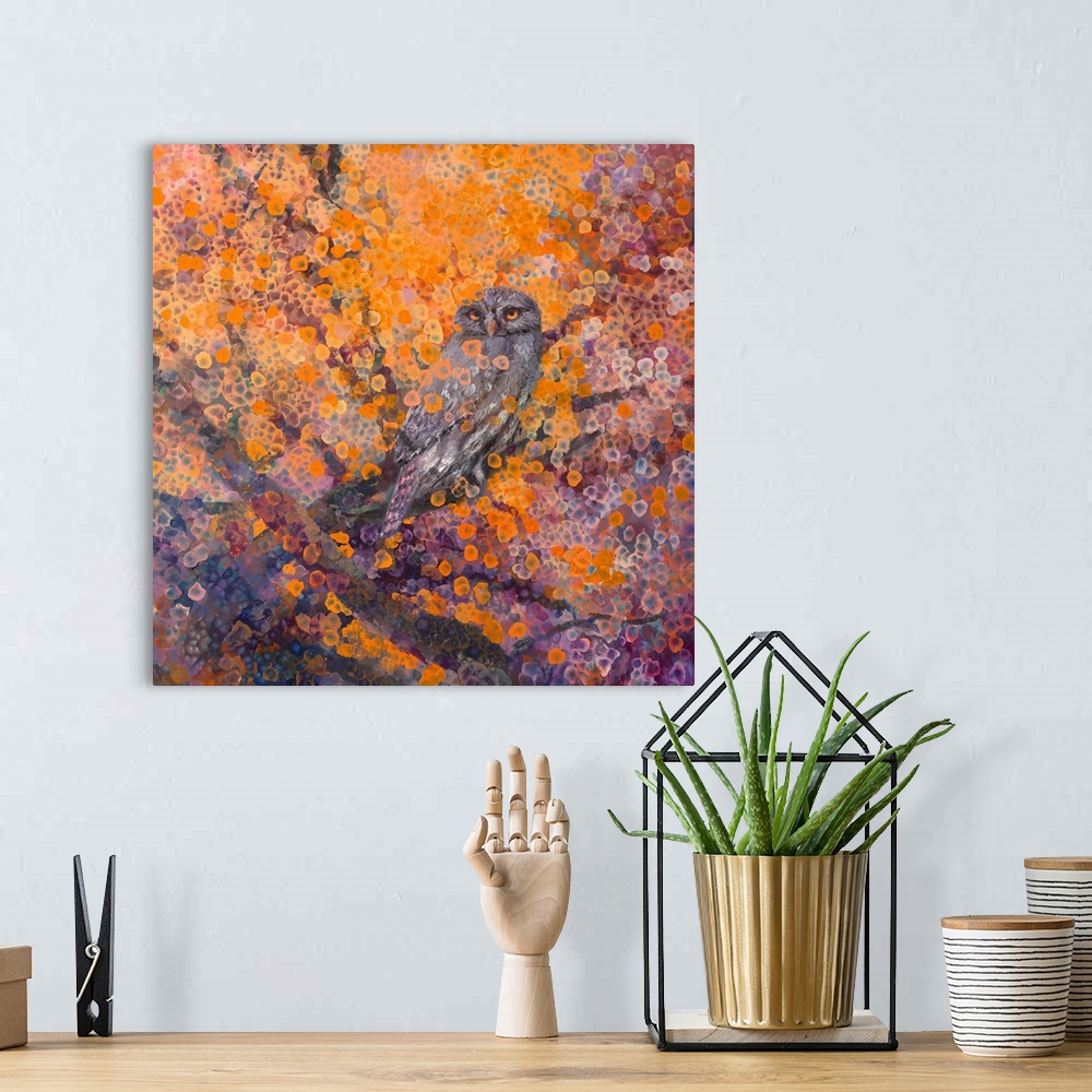 A bohemian room featuring Brightly colored contemporary artwork of a owl sitting in a tree.
