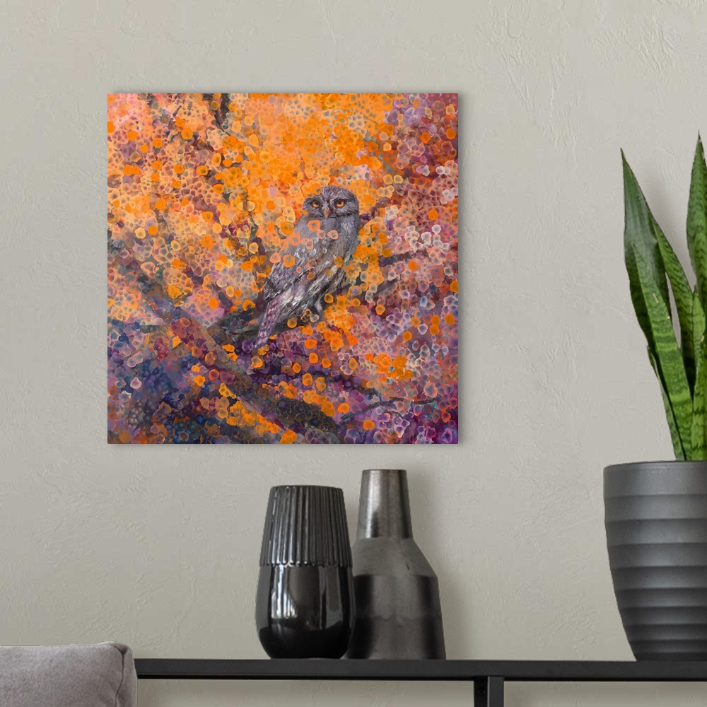 A modern room featuring Brightly colored contemporary artwork of a owl sitting in a tree.
