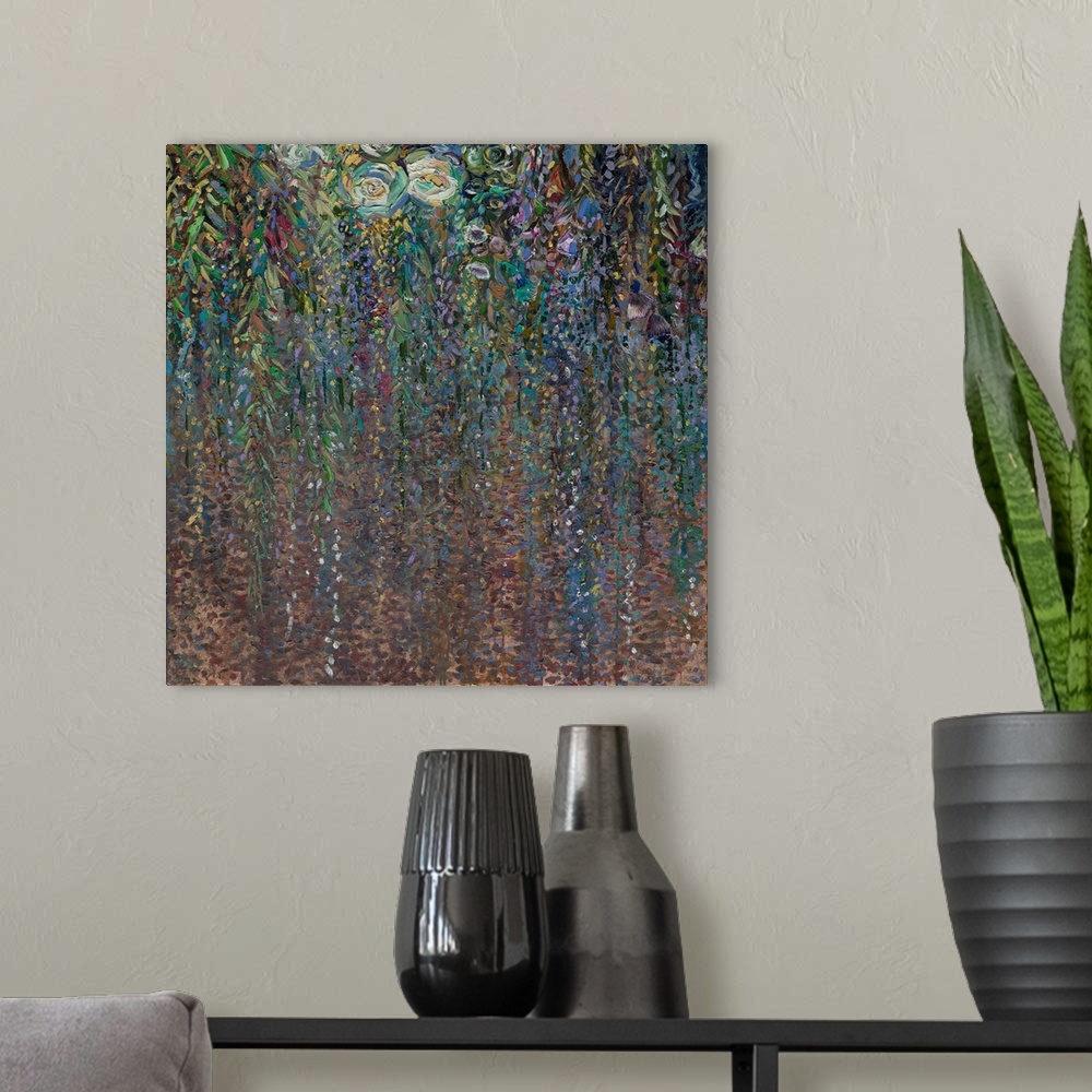 A modern room featuring Brightly colored contemporary artwork of foliage with flowers.