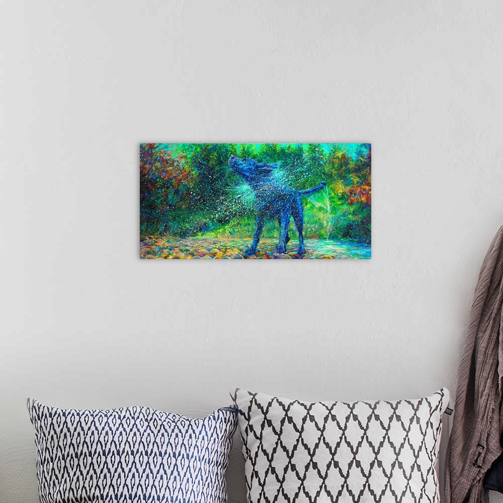 A bohemian room featuring Brightly colored contemporary artwork of a dog shaking off water in a creek.