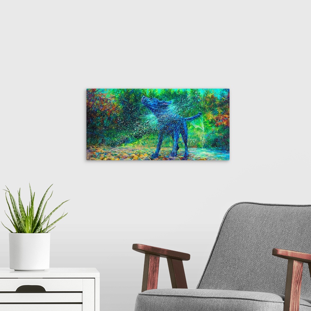 A modern room featuring Brightly colored contemporary artwork of a dog shaking off water in a creek.
