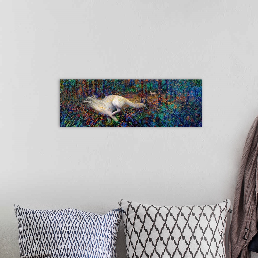 A bohemian room featuring Brightly colored contemporary artwork of a white fox running through the woods.