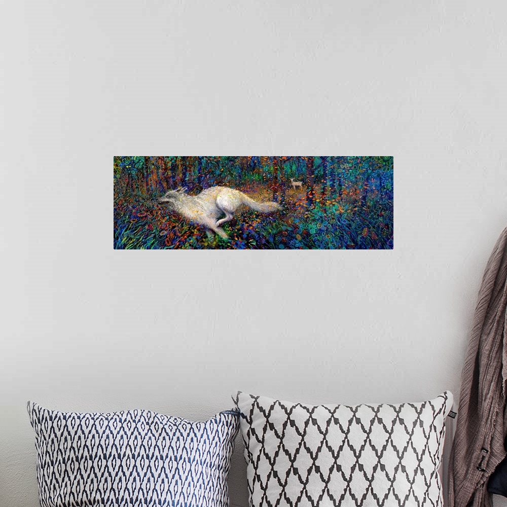 A bohemian room featuring Brightly colored contemporary artwork of a white fox running through the woods.