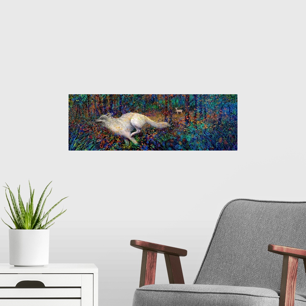 A modern room featuring Brightly colored contemporary artwork of a white fox running through the woods.