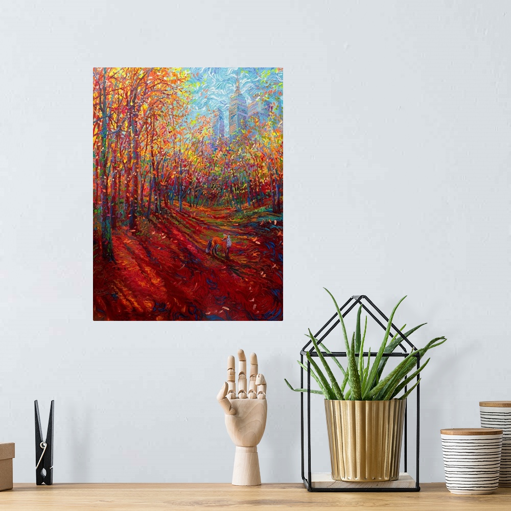 A bohemian room featuring Brightly colored contemporary artwork of a red fox in the forest.