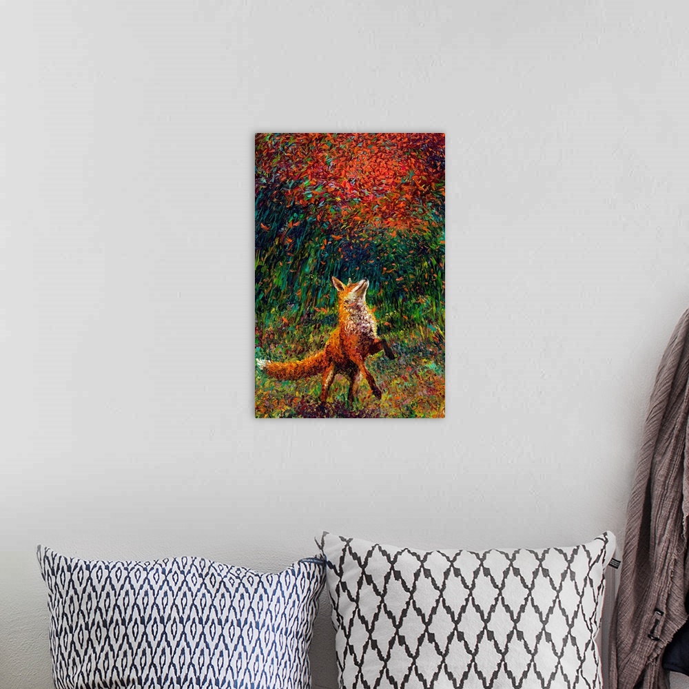 A bohemian room featuring Brightly colored contemporary artwork of a red fox playing with falling leaves.