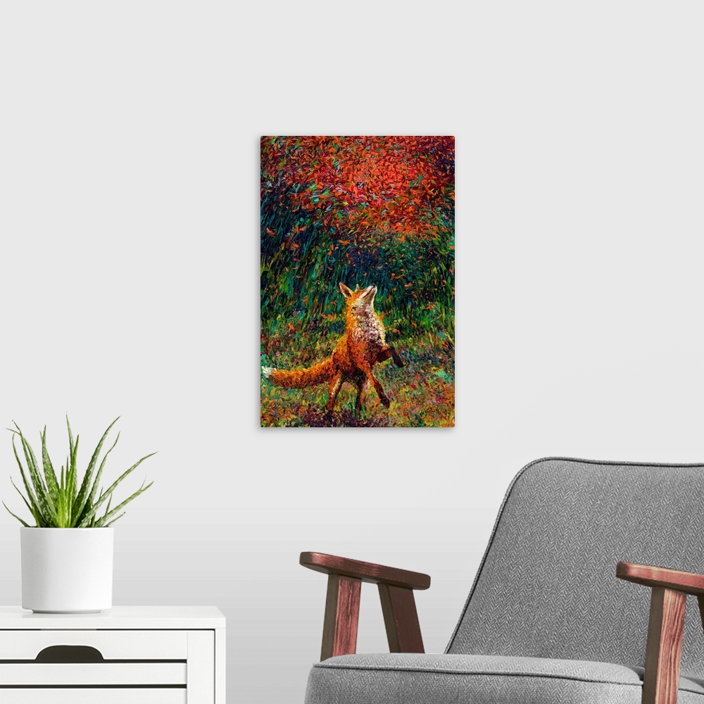 A modern room featuring Brightly colored contemporary artwork of a red fox playing with falling leaves.