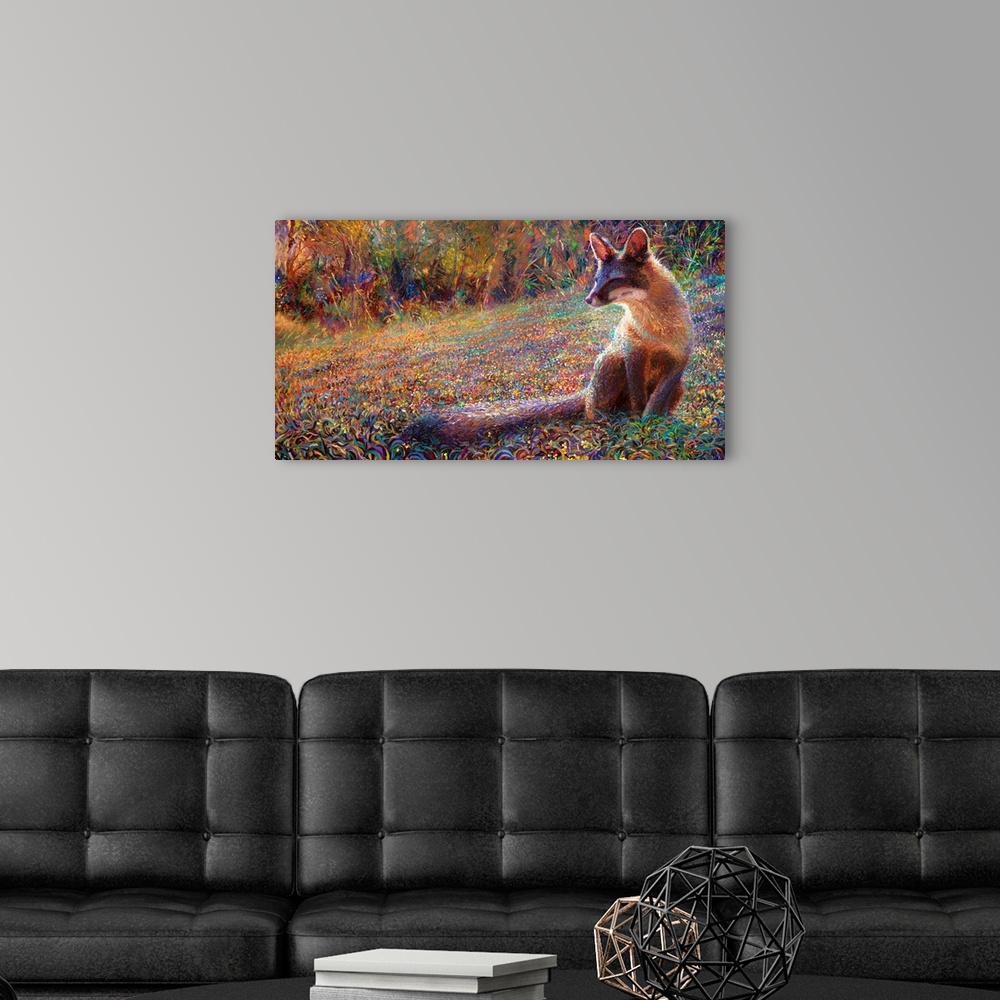 A modern room featuring Brightly colored contemporary artwork of a fox in a field.