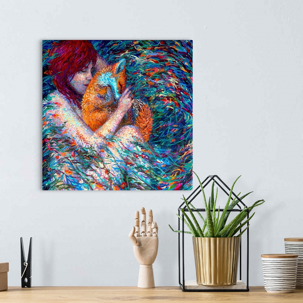 A bohemian room featuring Brightly colored contemporary artwork of a woman holding a fox.