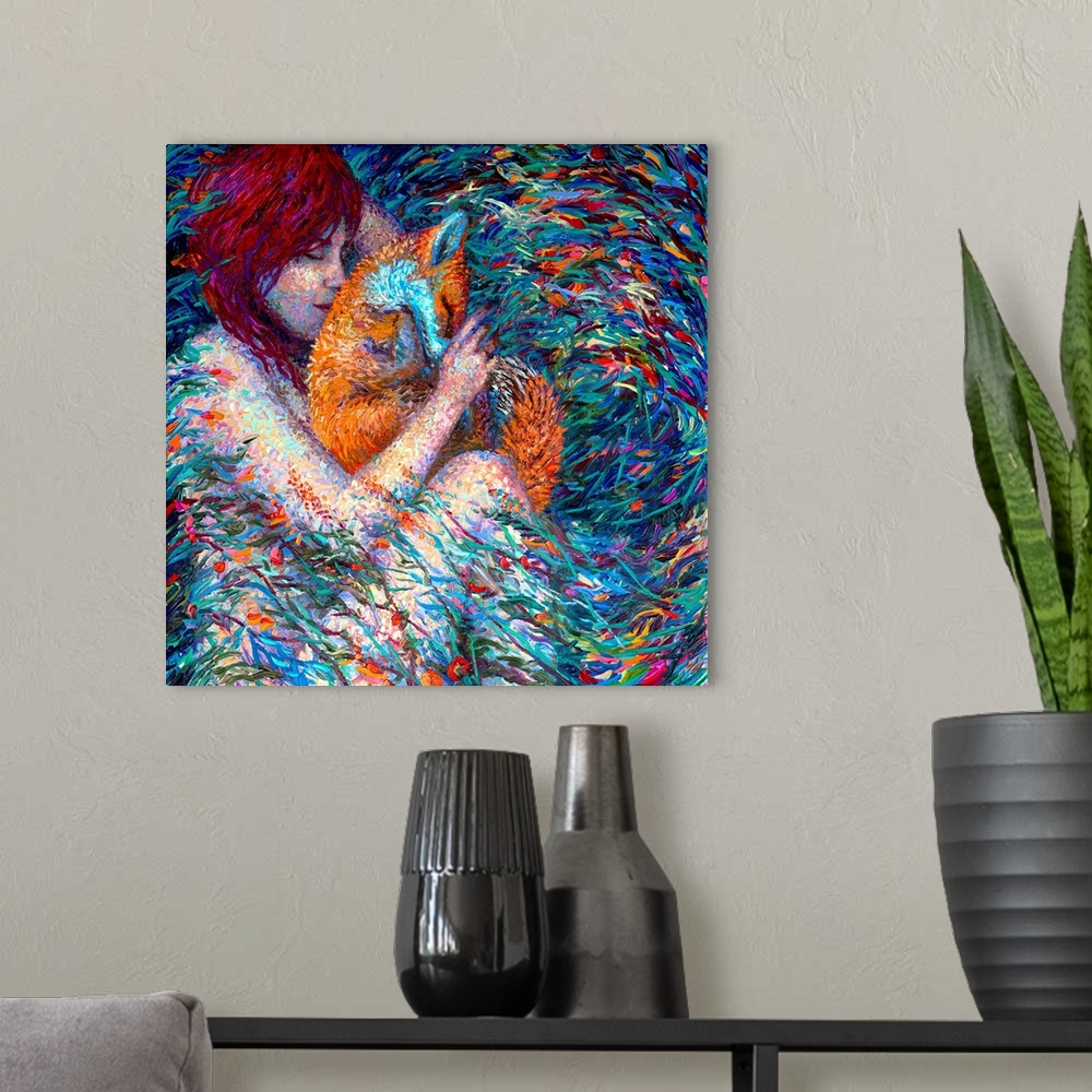 A modern room featuring Brightly colored contemporary artwork of a woman holding a fox.