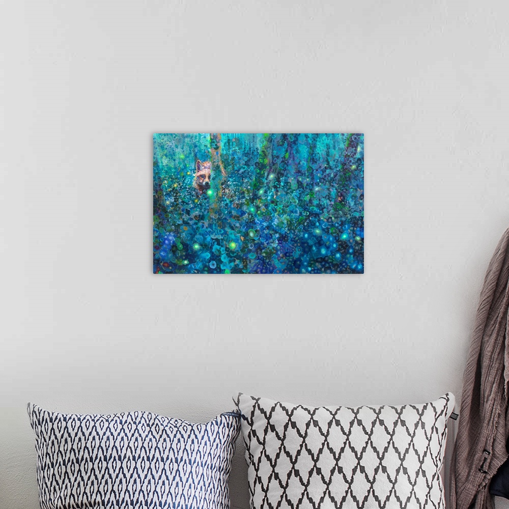 A bohemian room featuring Brightly colored contemporary artwork of a fox in a forest watching fireflies.