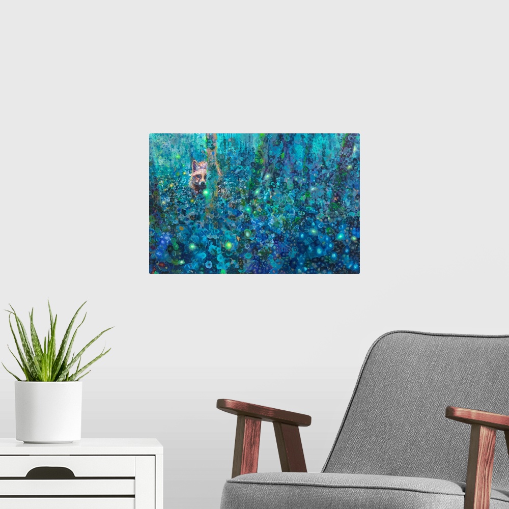 A modern room featuring Brightly colored contemporary artwork of a fox in a forest watching fireflies.