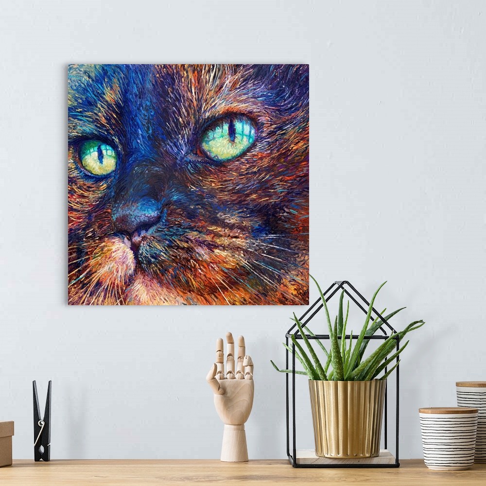 A bohemian room featuring Brightly colored contemporary artwork of a close up of a cat.
