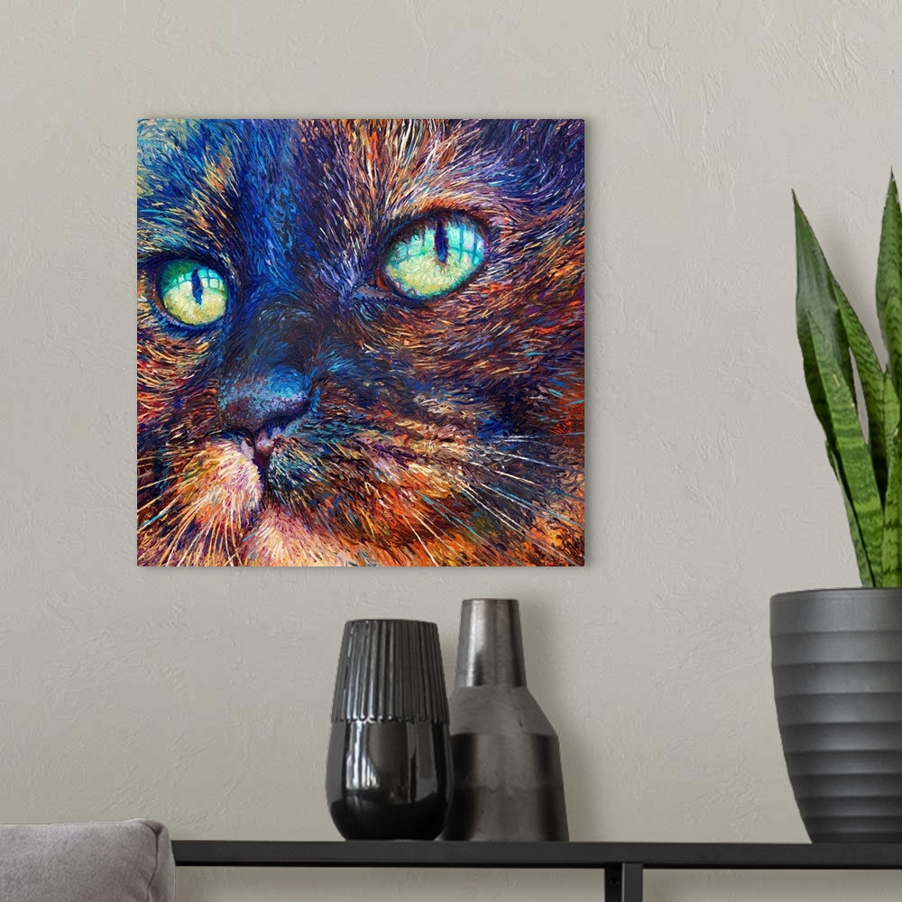 A modern room featuring Brightly colored contemporary artwork of a close up of a cat.