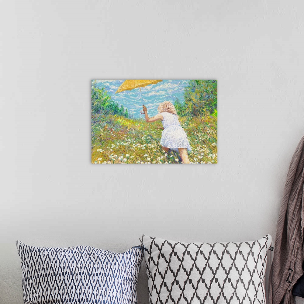 A bohemian room featuring Brightly colored contemporary artwork of a woman in white in a field of flowers.