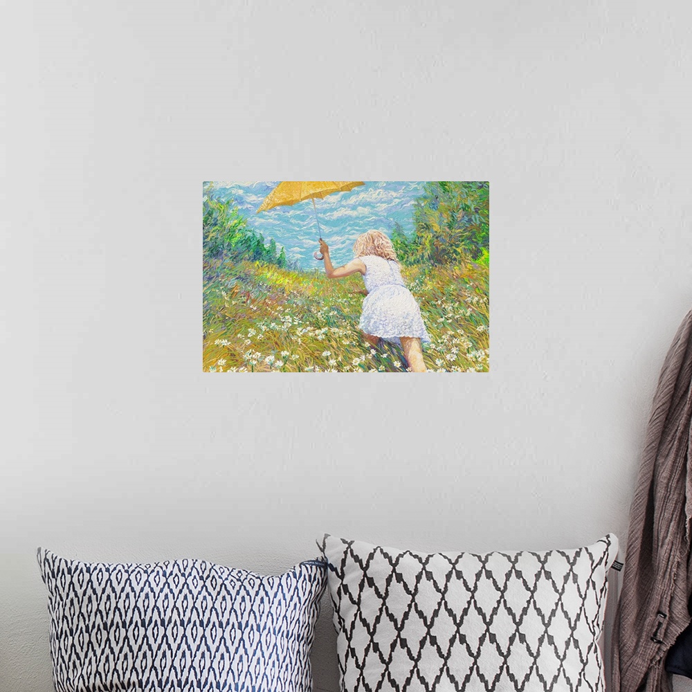 A bohemian room featuring Brightly colored contemporary artwork of a woman in white in a field of flowers.
