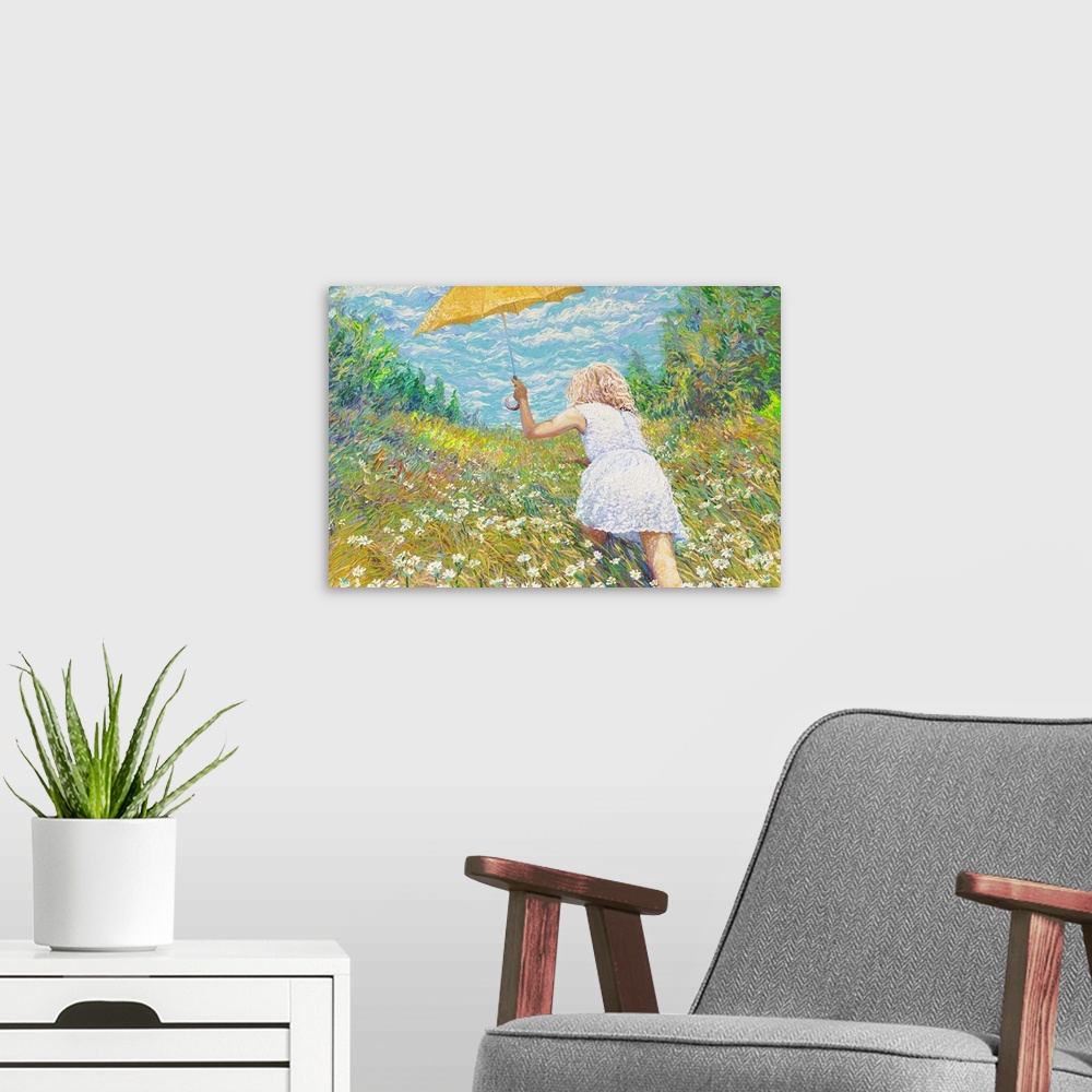 A modern room featuring Brightly colored contemporary artwork of a woman in white in a field of flowers.