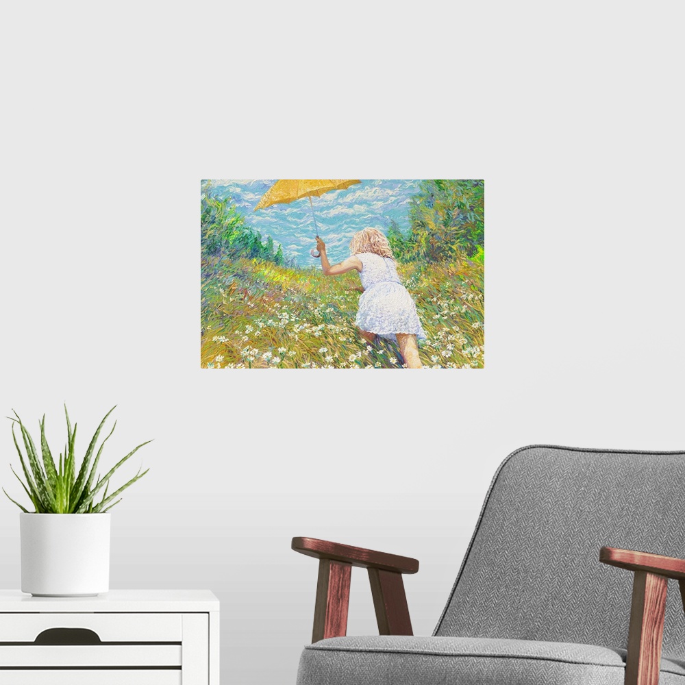 A modern room featuring Brightly colored contemporary artwork of a woman in white in a field of flowers.