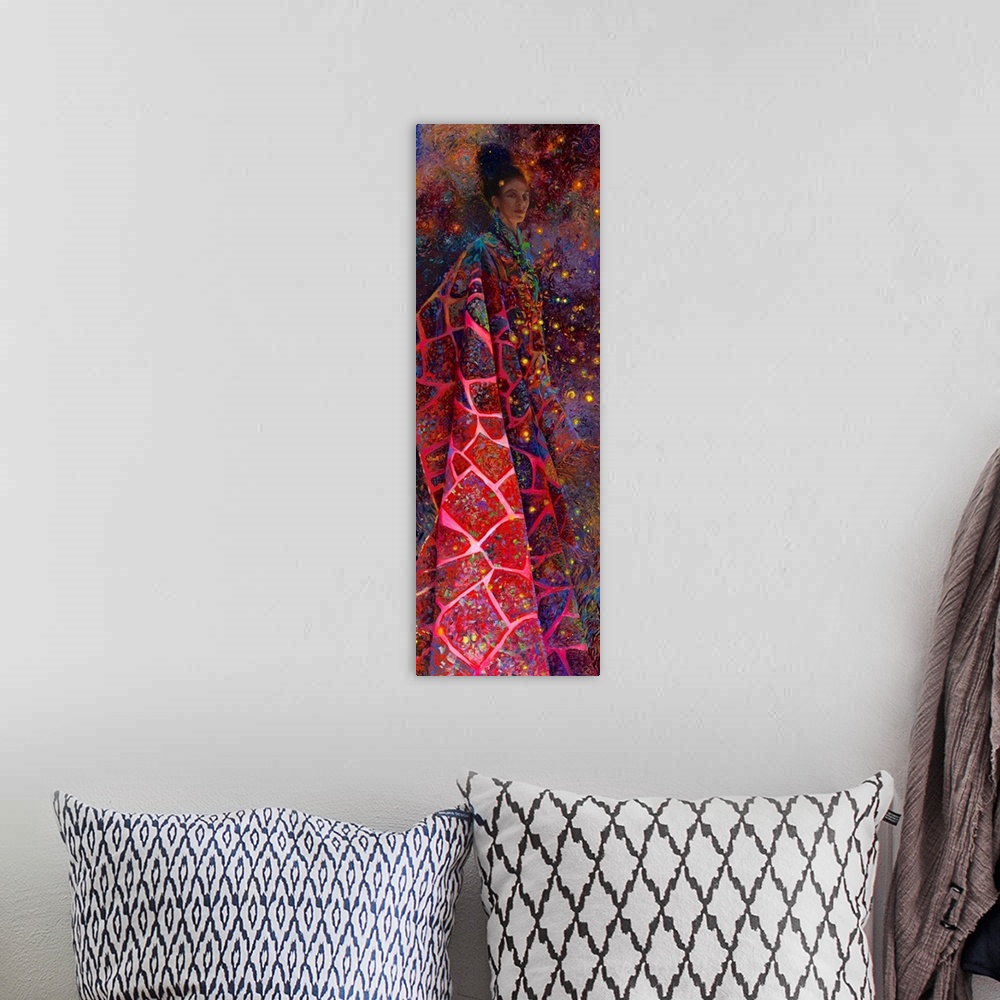 A bohemian room featuring Brightly colored contemporary artwork of a lady shaman in pink.