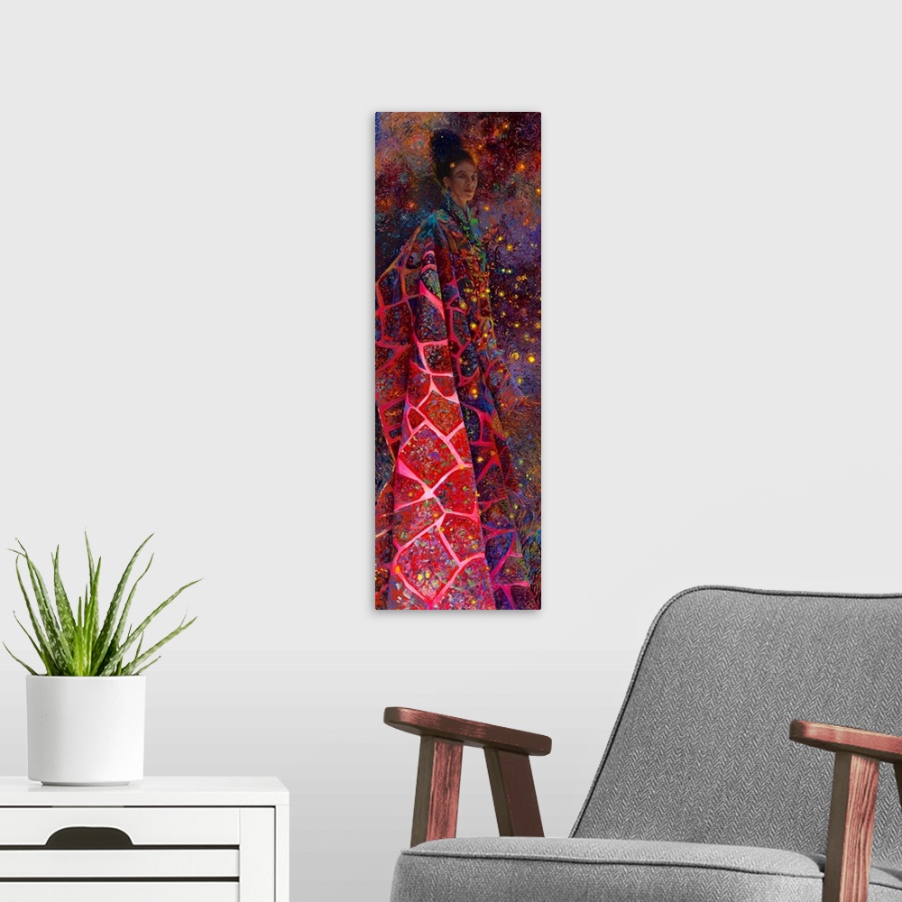 A modern room featuring Brightly colored contemporary artwork of a lady shaman in pink.